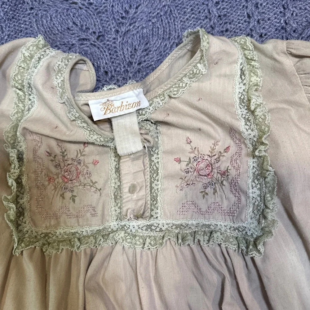 Vintage Fairycore Long Sleeve Dress Nightgown Floral Embroidery Lace Trim Maxi L
